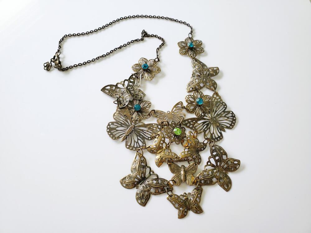 Vintage Brass Butterfly Gold Tone Necklace